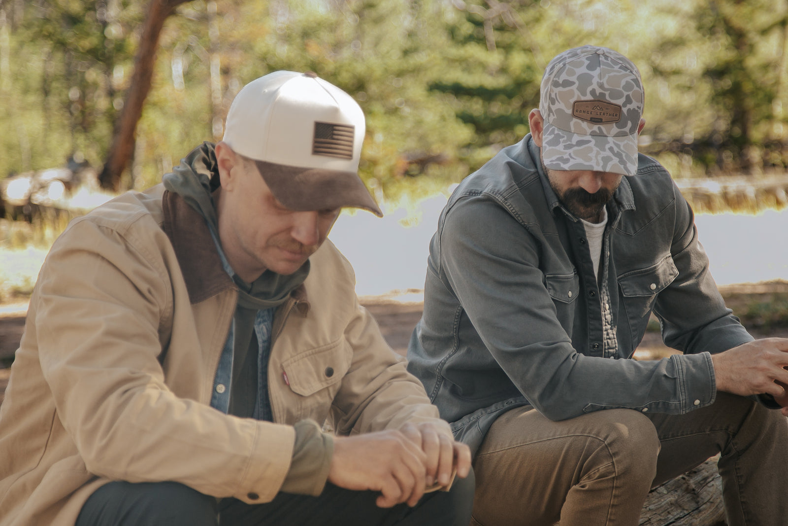 A Range leather patch hat in tan corduroy and camo