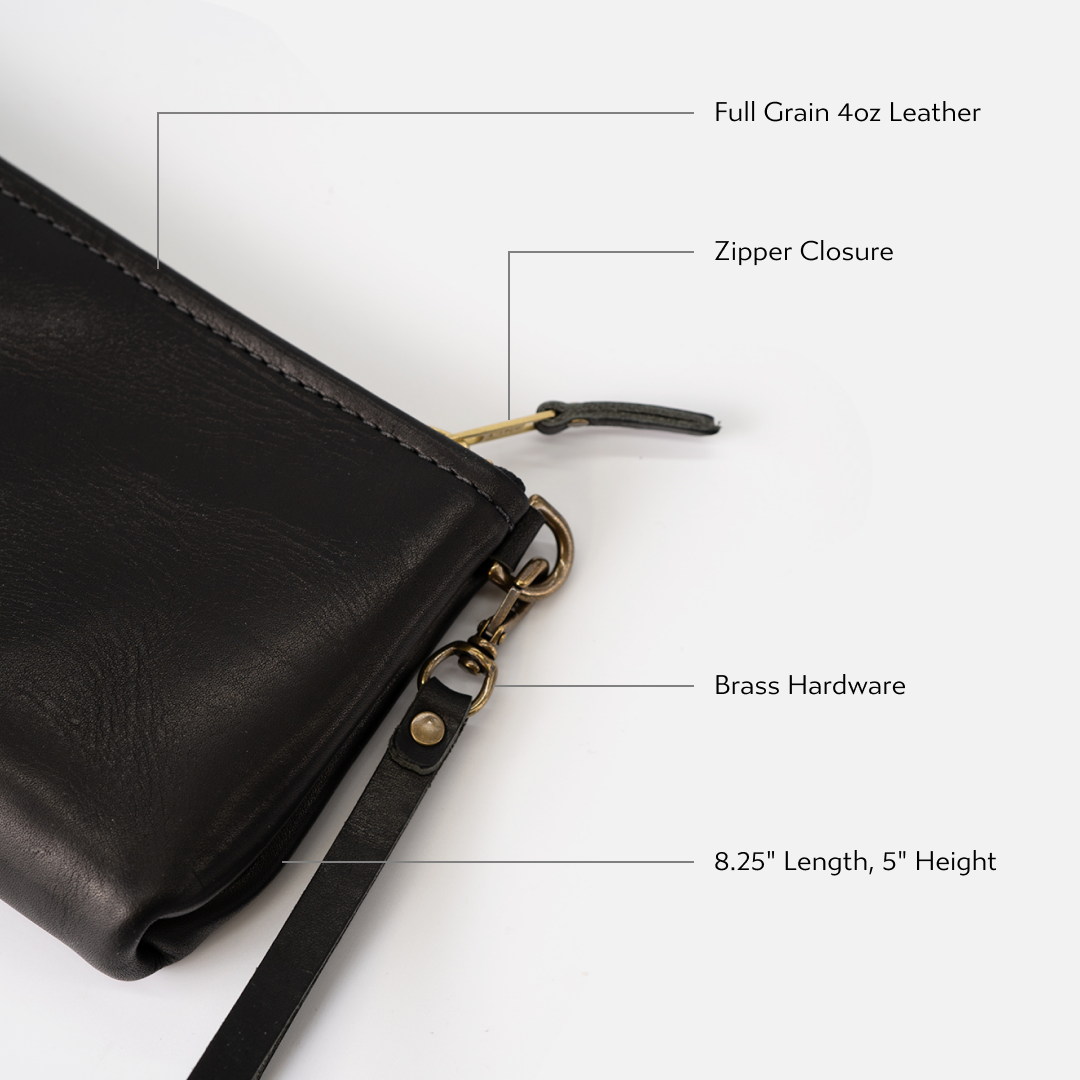 Leather Zipper Clutch With Wrist Strap Minimal Style 